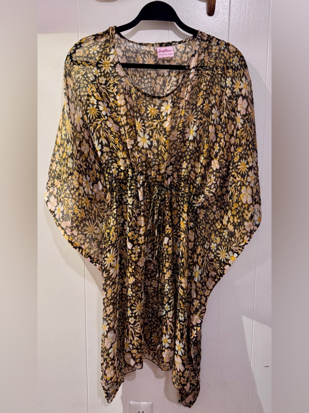 Sunflower Black & Yellow Floral Sheer Swim Coverup with Drawstring